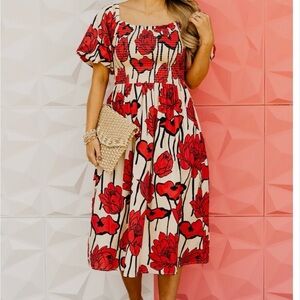 She + Sky Red and Cream Floral Midi Dress